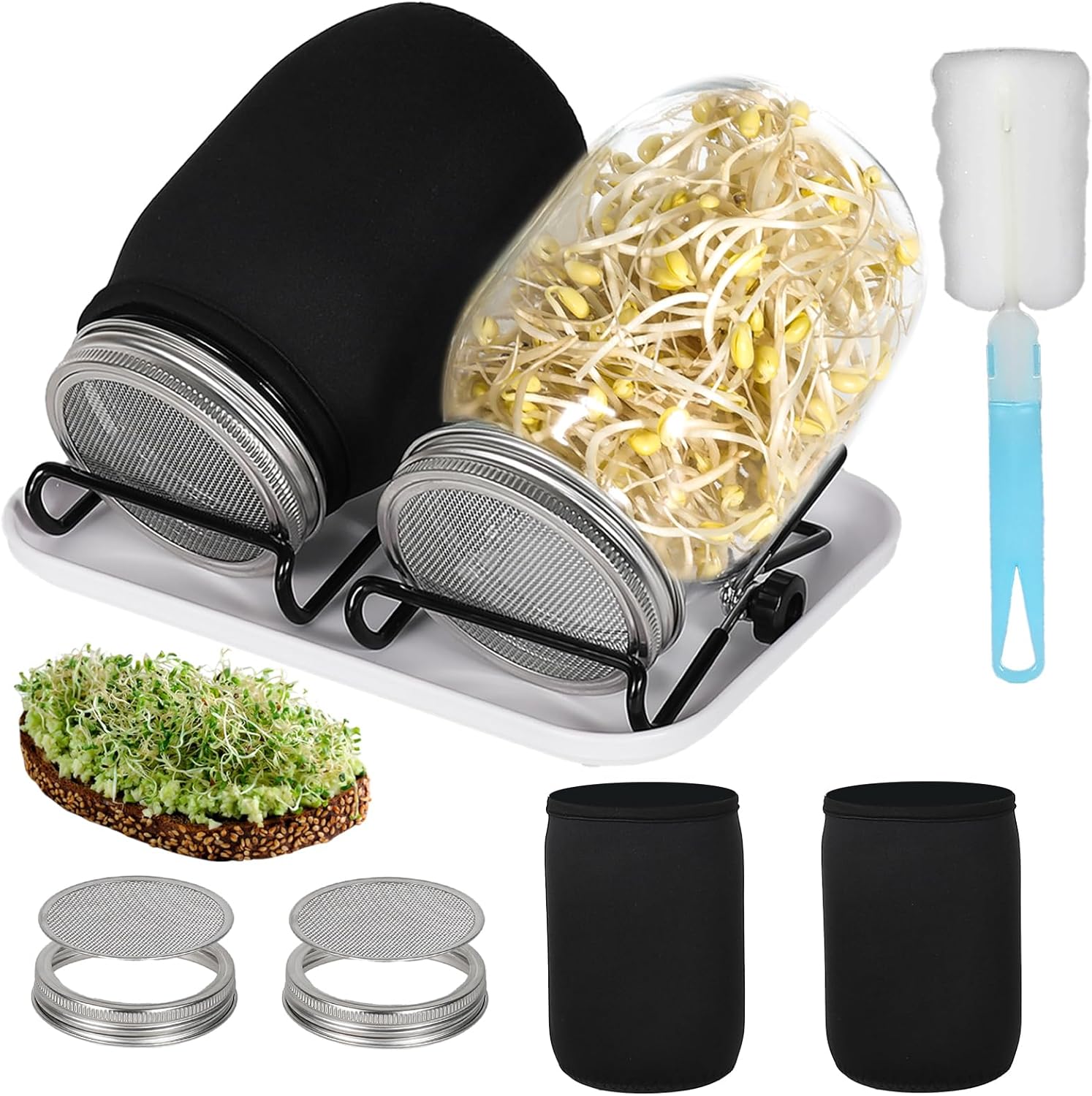 Keimset Mit 2 X 1000-ml-gläsern – Edelstahl 304 Und Glas – Komplettsystem Mit Verstellbarem Ständer – Für Selbstgezogene Bio-sprossen – Für Die Küche