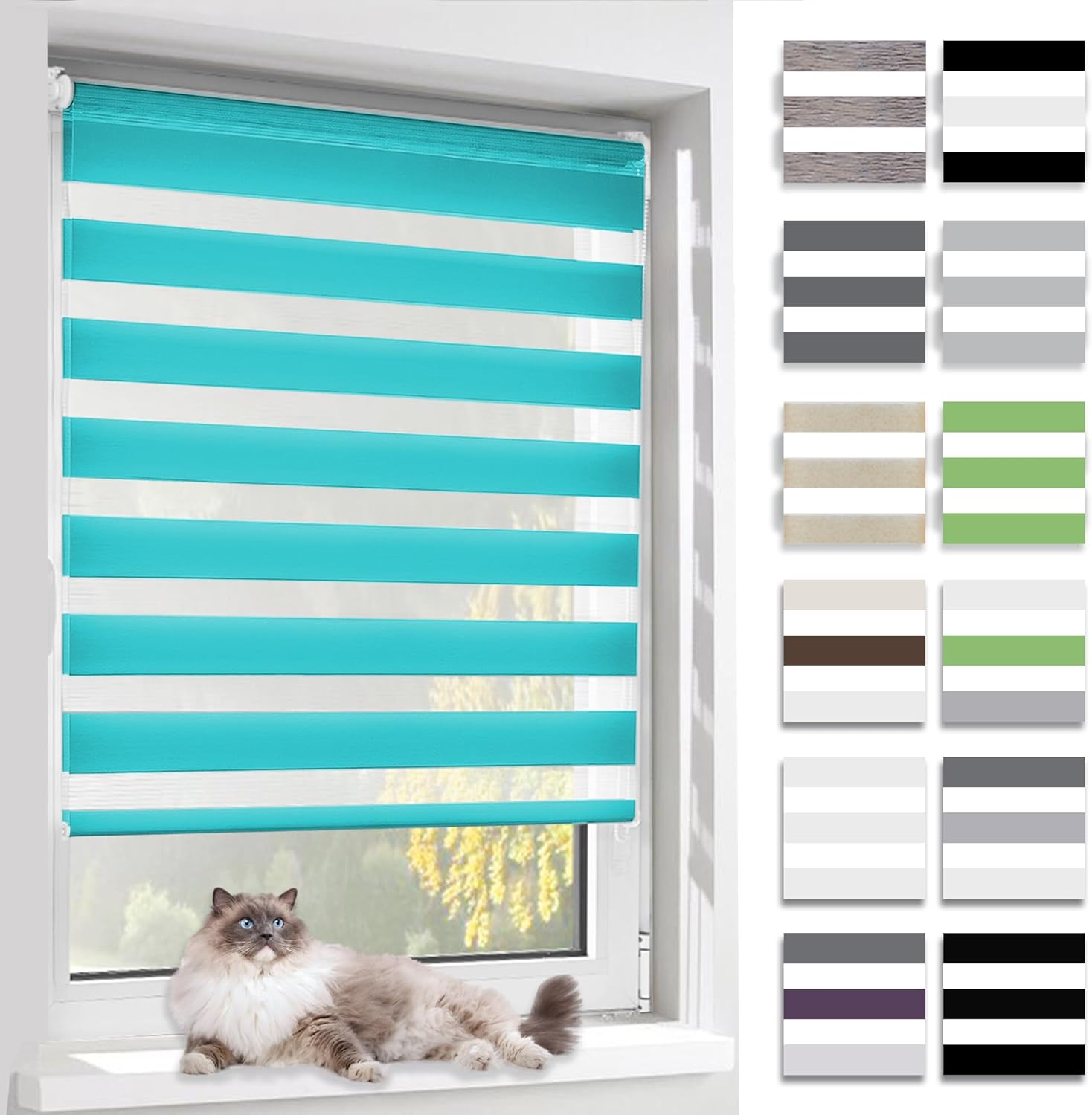 Tag- Und Nachtrollo – 1-teilig – Doppellagiges Polyestergewebe – Verstellbar Ohne Bohren – Wohnzimmer, Schlafzimmer, Büro – 70 X 130 Cm, Türkis