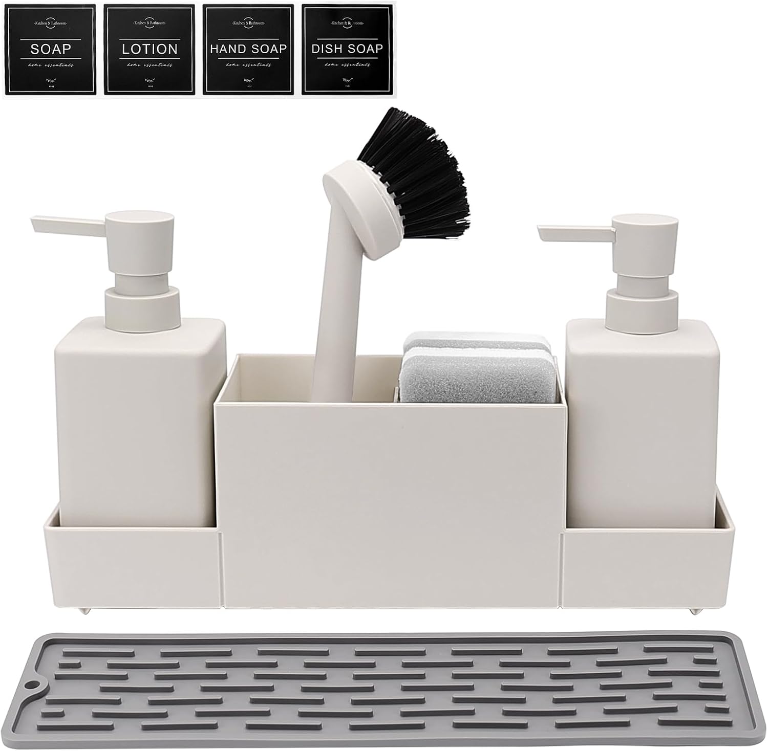 Spülbecken-organizer – 7-teiliges Set – Kunststoff Und Silikon – 350-ml-spülmittelspender – Küche Und Bad – Weiß