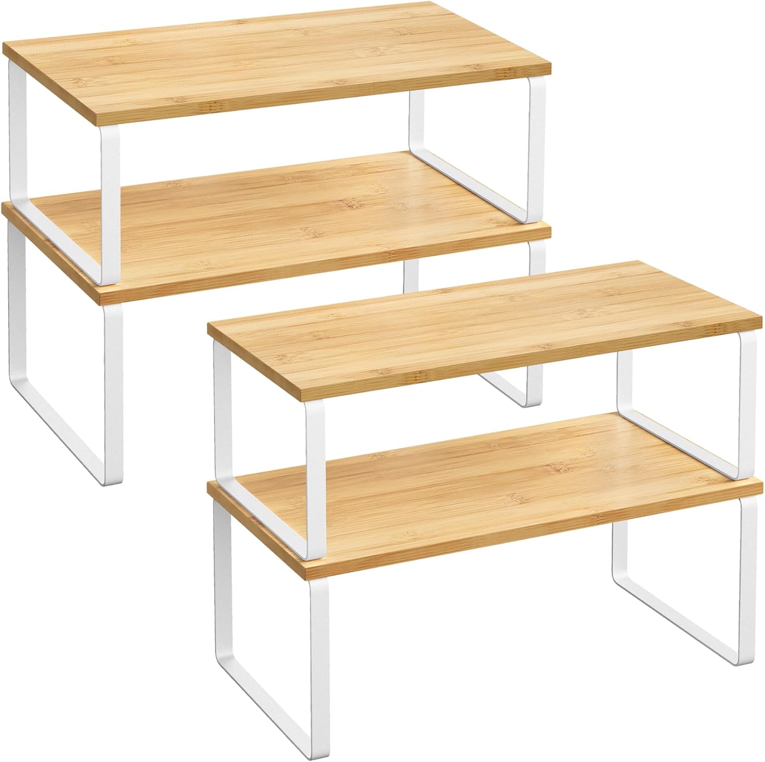 Küchenregal – 4er-set – Metall Und Holz – Stapelbar Und Ausziehbar – Schrankaufbewahrung – Weiß Und Beige