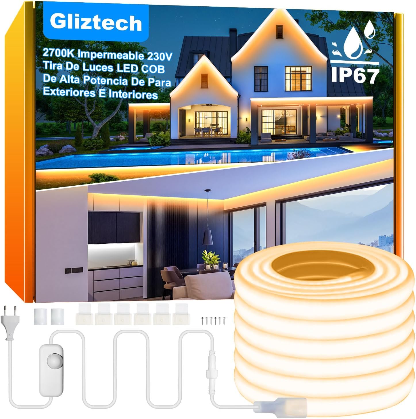 10 M Cob-led-streifen Für Den Außenbereich – 230 V Direktanschluss – Ip67 Silikon – Warmweißes Licht (2700 K) – Garten, Terrasse, Gewerbe – 288 Leds/m