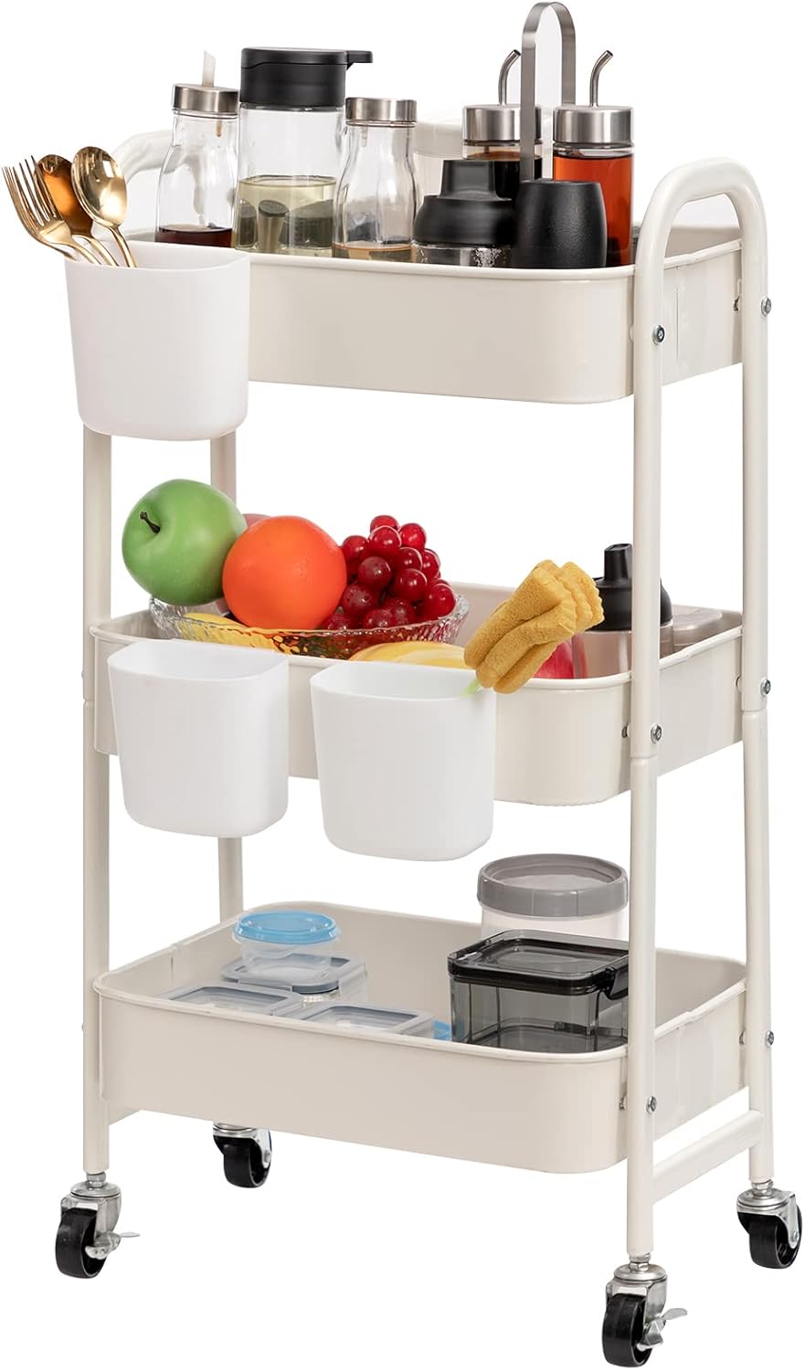 Metall-servierwagen – 1 Stück – Weißer Stahl – 3 Stabile Ablagen – Küche, Bad, Büro – 40 X 30 X 70 Cm