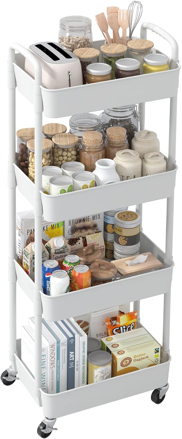 4-stöckiger Aufbewahrungswagen – Kunststoff Und Metall – Mobil Mit Schwenkrollen – Für Küche, Büro, Wohnzimmer – Weiß, 39 X 29 X 104 Cm