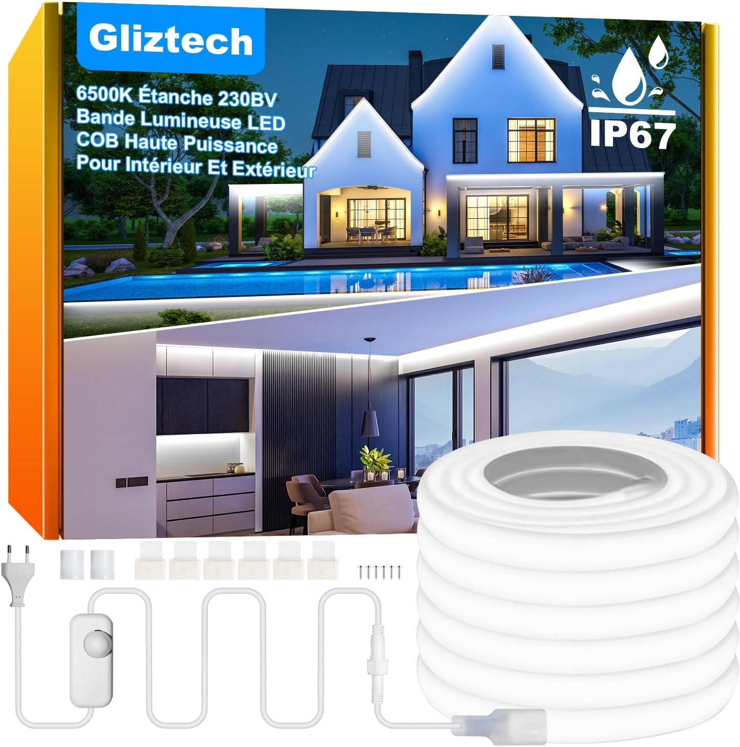 10 M Cob-led-streifen Für Den Außenbereich – 230 V Direktanschluss – Ip67 Silikon – 6500 K Weißlicht – Garten, Terrasse, Gewerbe – 10 Meter