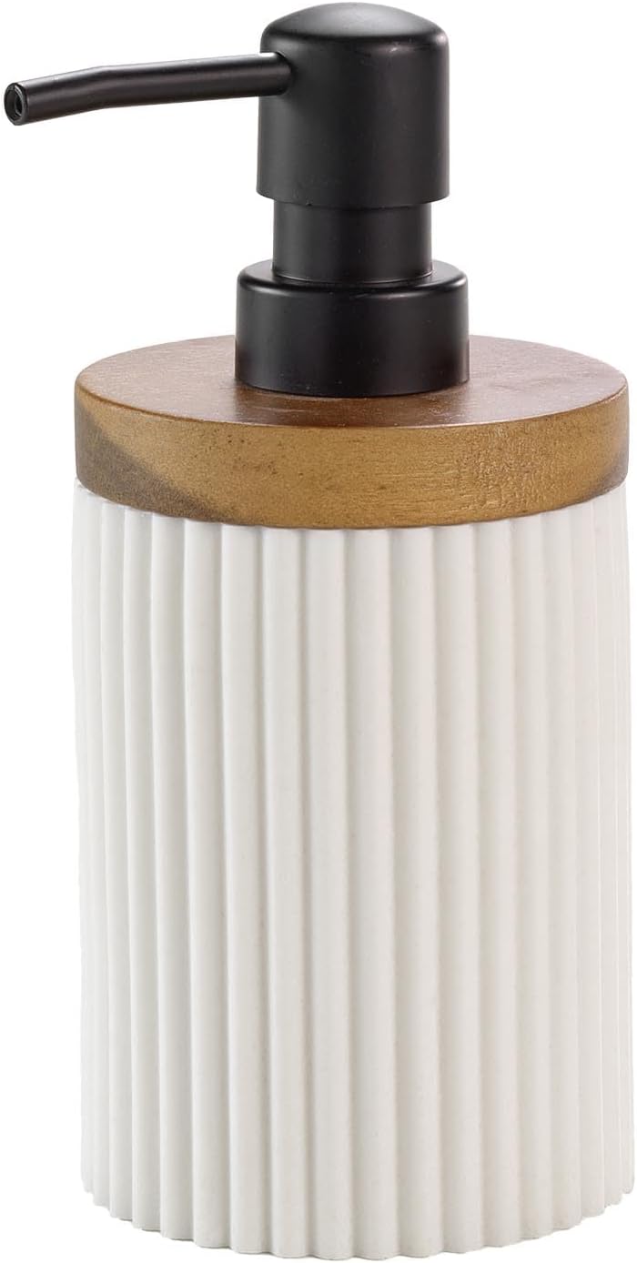Seifenspender – 1 Stück – Polyresin Und Akazie – Elegantes Niagara-design – Für Moderne Badezimmer – Weiß, 8 X 17 Cm