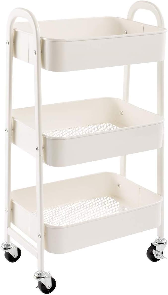 Metall-servierwagen – 1 Stück – Weißer Stahl – 3 Ablagen Mit Feststellbaren Rollen – Küche, Bad, Büro – 40 X 30 X 70 Cm