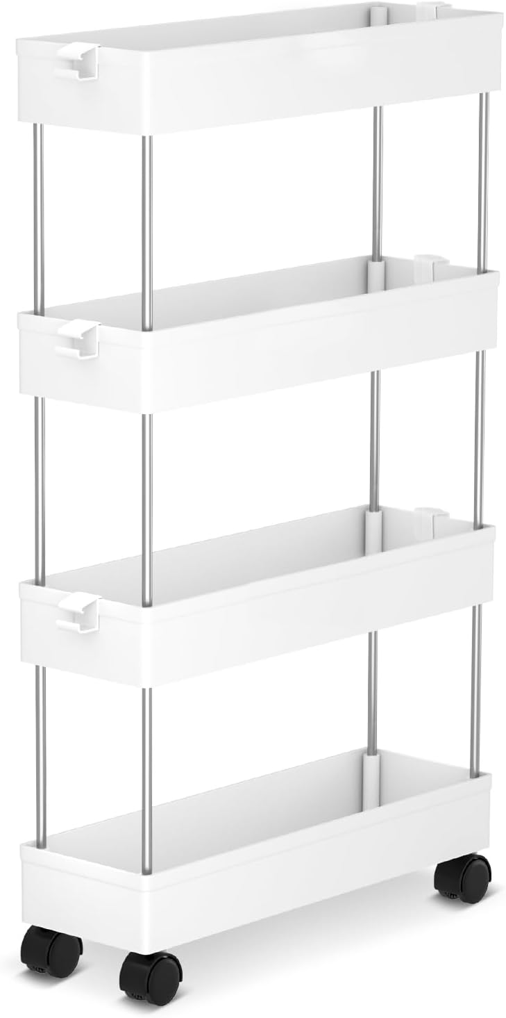4-stöckiger Aufbewahrungswagen – 1 Stück – Stahl Und Kunststoff – Mobil Mit Rollen – Küche/bad – Weiß, 86 X 40 X 12,5 Cm