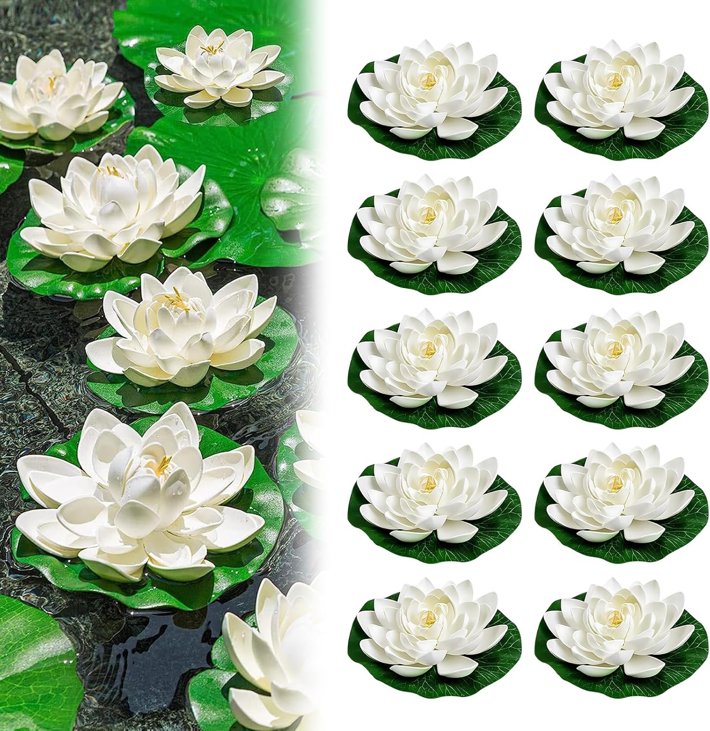 Set Mit 10 Schwimmenden Seerosen – Realistisches Weißes Eva – Teich-, Garten- Und Aquariumdekoration – 10 Cm Durchmesser