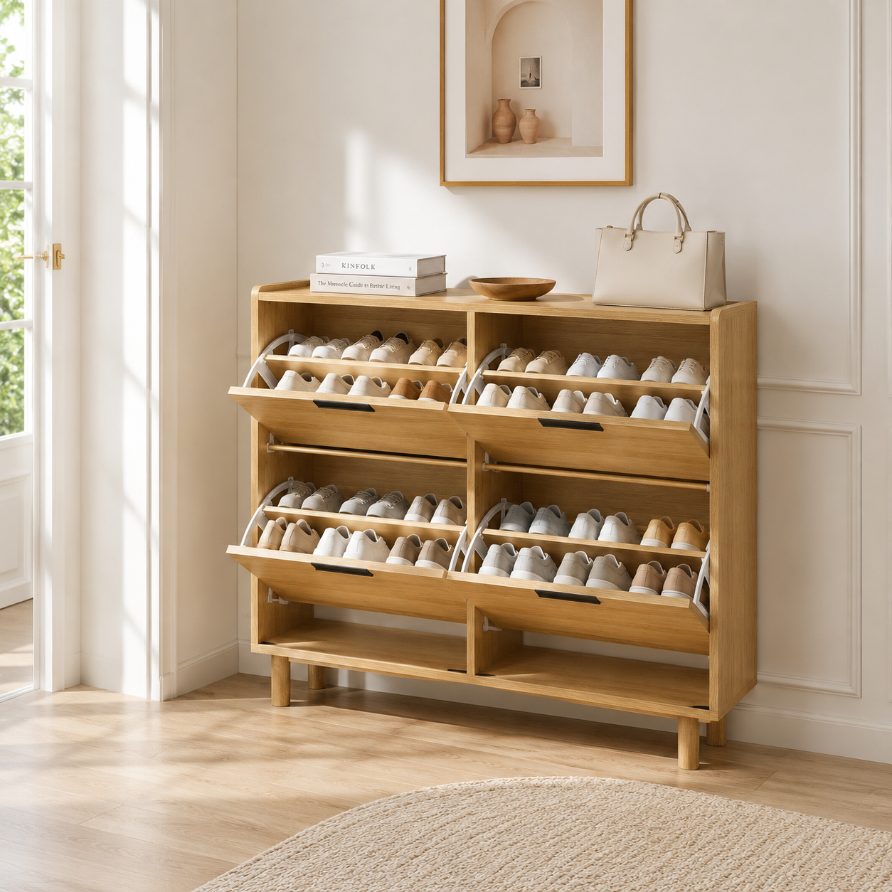 Schuhschrank 100x24x95 Cm Mit Rattantüren, Schmaler Dielenschrank, 4 Klappfächer Mit Herausnehmbaren Einlegeböden, Eiche