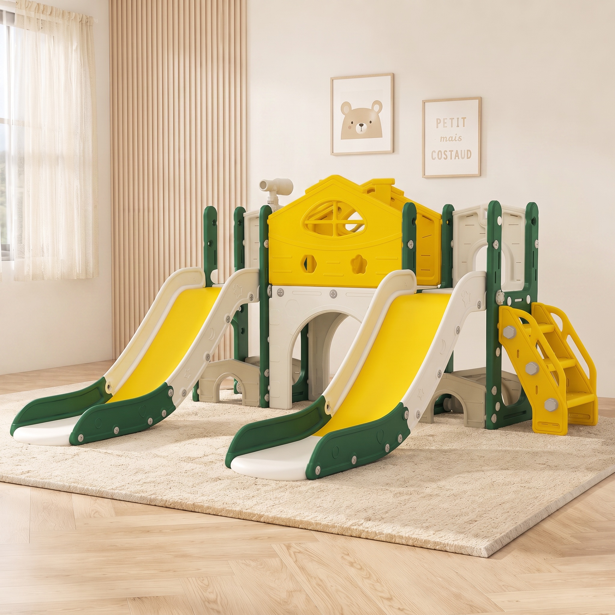 7-in-1-spielplatz, Spielschloss Mit Doppelrutsche, Klettergerüst Und Teleskop Für Drinnen Und Draußen, Sicherer Hdpe-kunststoff, Gelb