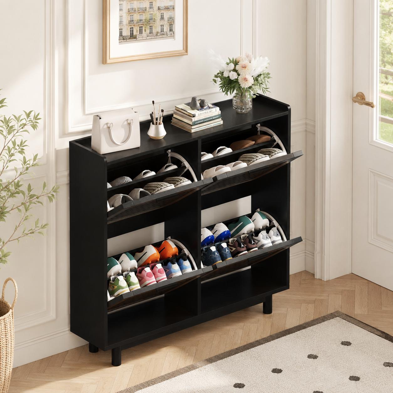 Schuhschrank 100x24x95 Cm Mit Rattantüren, Schmaler Dielenschrank, 4 Klappfächer Mit Herausnehmbaren Einlegeböden, Schwarz
