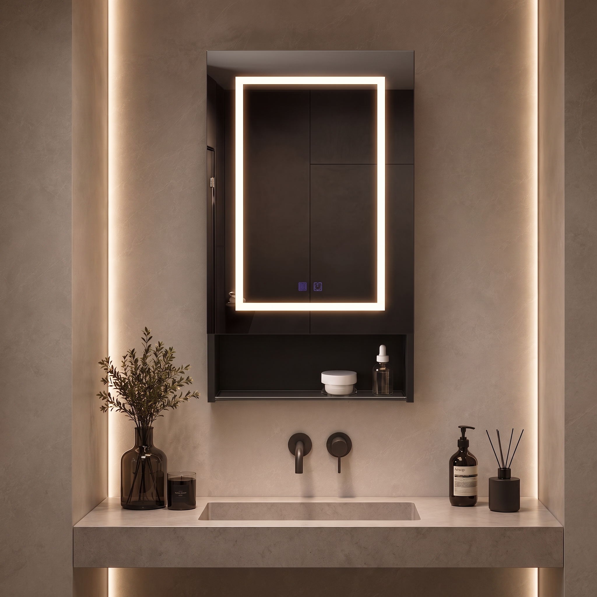 Led-spiegelschrank Fürs Bad 88 × 50 × 15 Cm, 3 Lichtfarben, Touch-bedienung, Antibeschlagfunktion Und Verstellbarer Einlegeboden, Schwarz