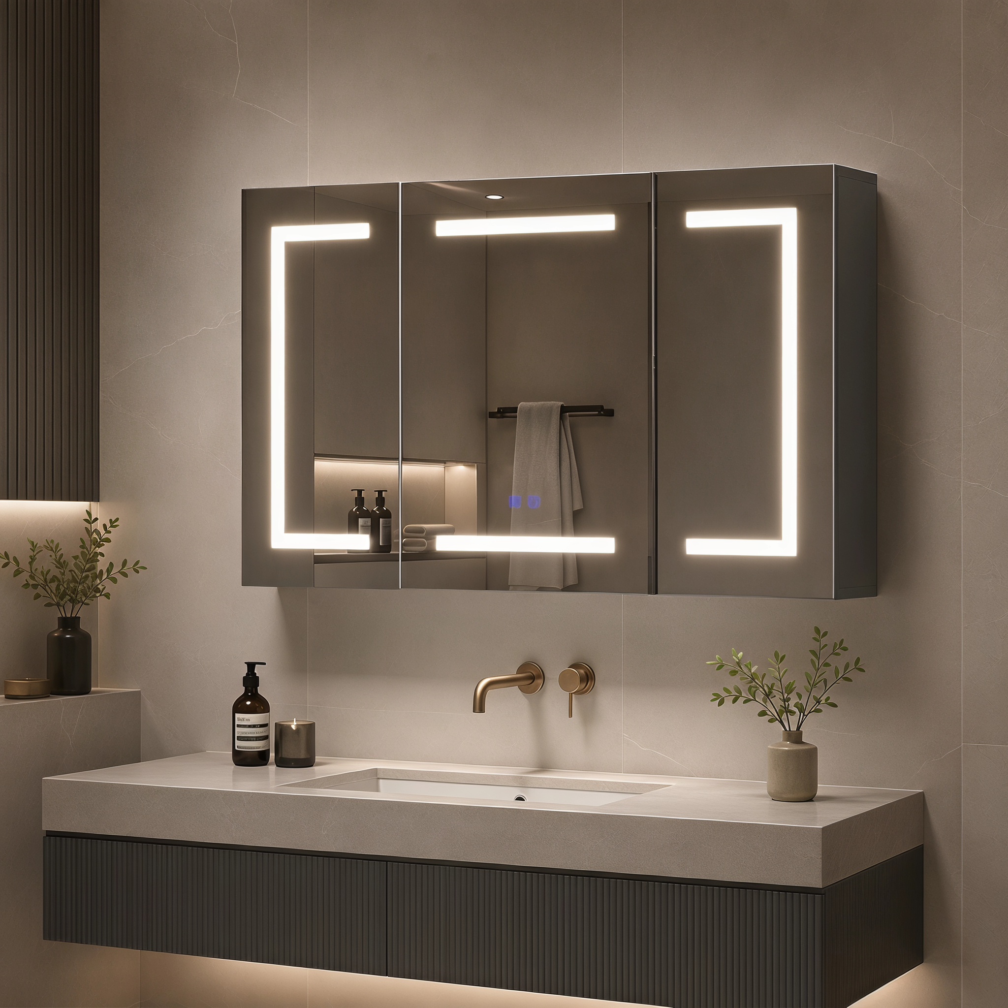 Led-spiegelschrank Fürs Bad 100 × 60 × 13,5 Cm, 3 Lichtfarben, 3 Türen Und Höhenverstellbare Einlegeböden, Weiß