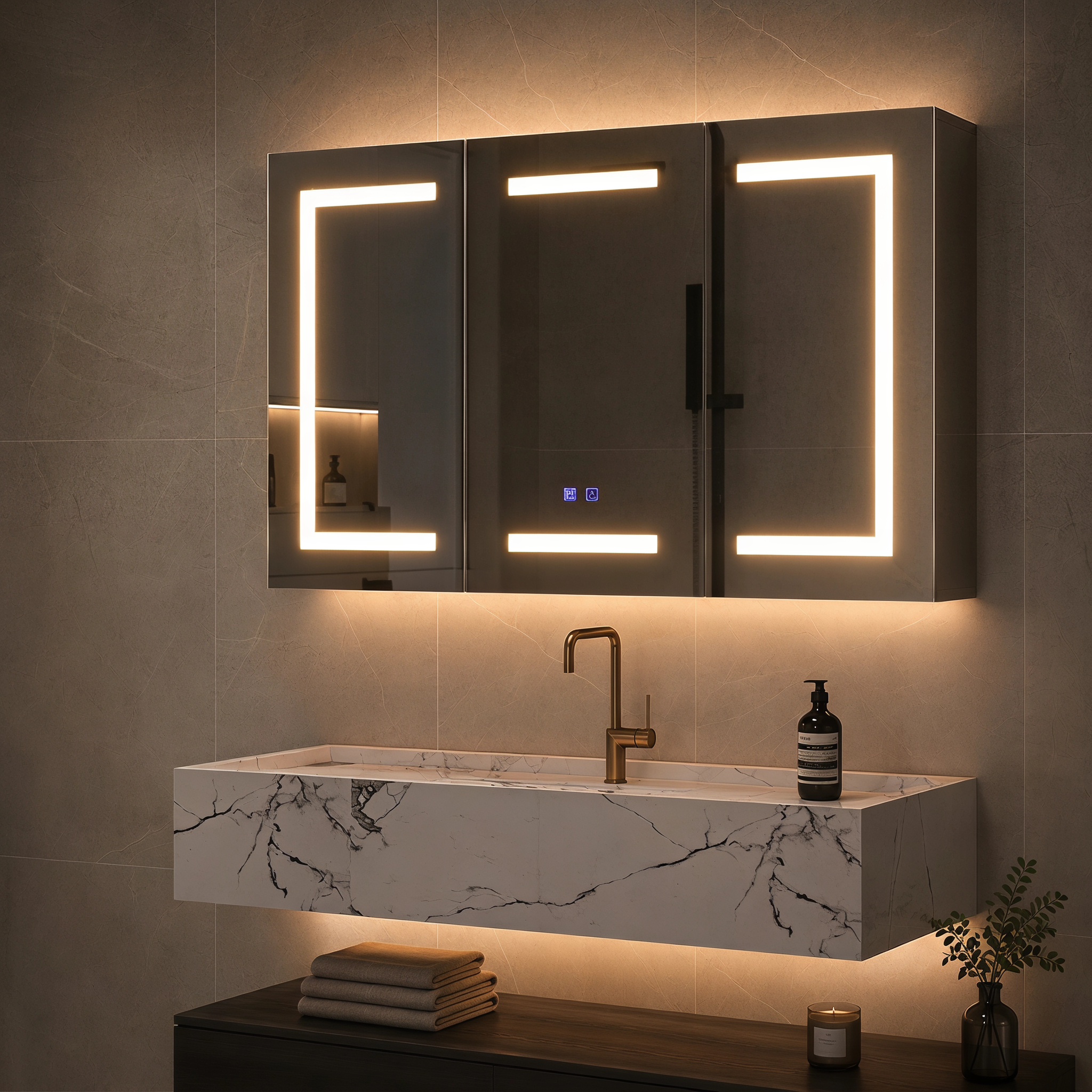 Led-spiegelschrank Fürs Bad 100 × 60 × 13,5 Cm, Wandmontierter 3-türiger Aufbewahrungsschrank Mit Steckdose, Antibeschlagfunktion Und Verstellbaren Einlegeböden, Weiß