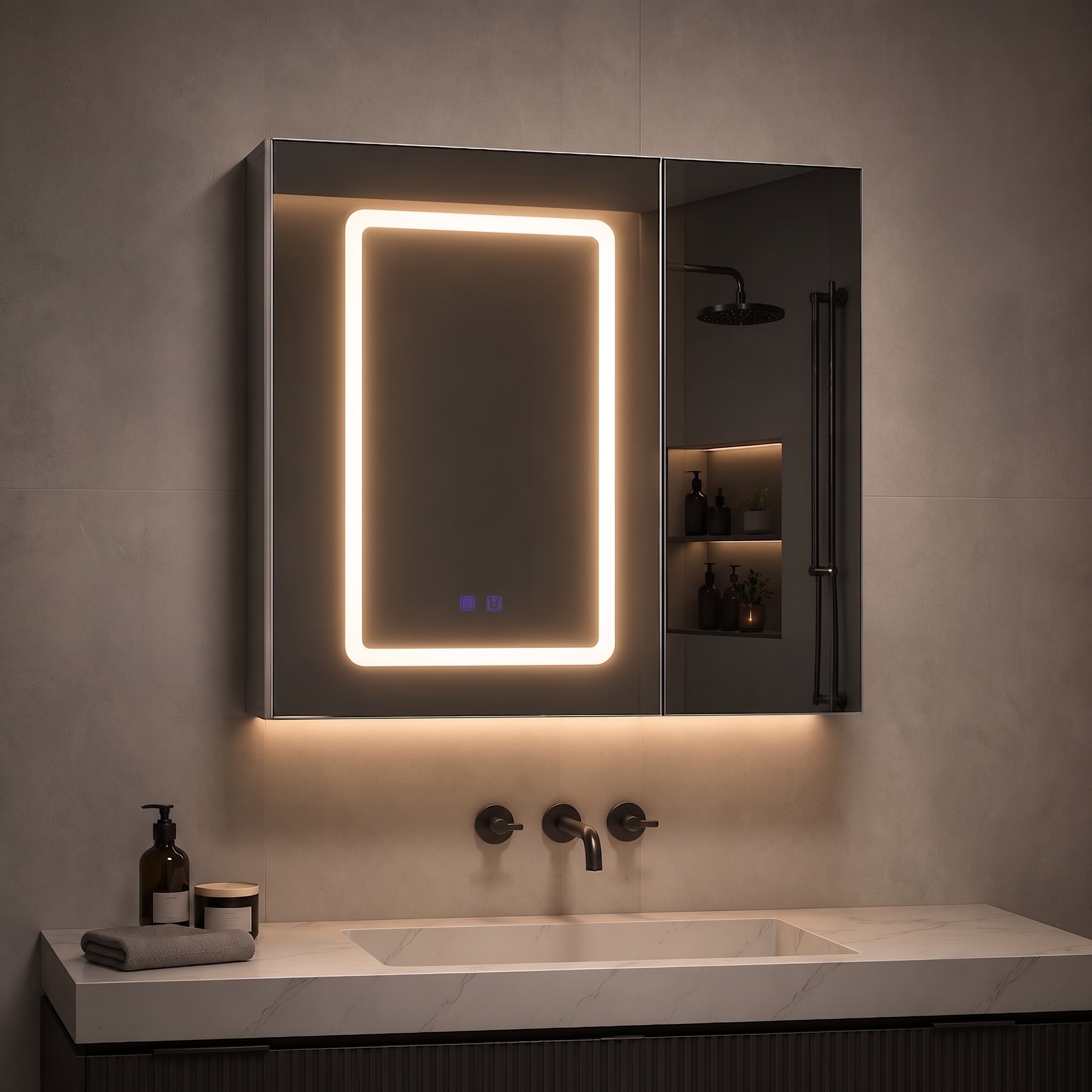 Led-spiegelschrank Fürs Bad 70 × 60 × 13,5 Cm, Antibeschlagfunktion, 2 Türen, Verstellbare Einlegeböden Und Doppelspiegel, Weiß