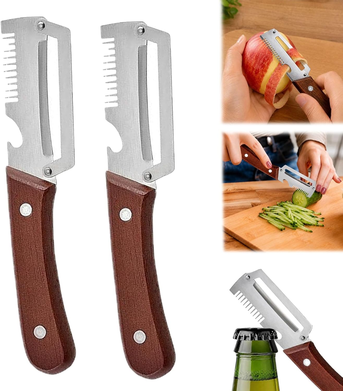 3-in-1 Multifunktions-schäler, Edelstahl Mit Holzgriff, 2er-set – Julienne-klinge, Flaschenöffner Für Kartoffeln, Gurken, Radieschen, Küche