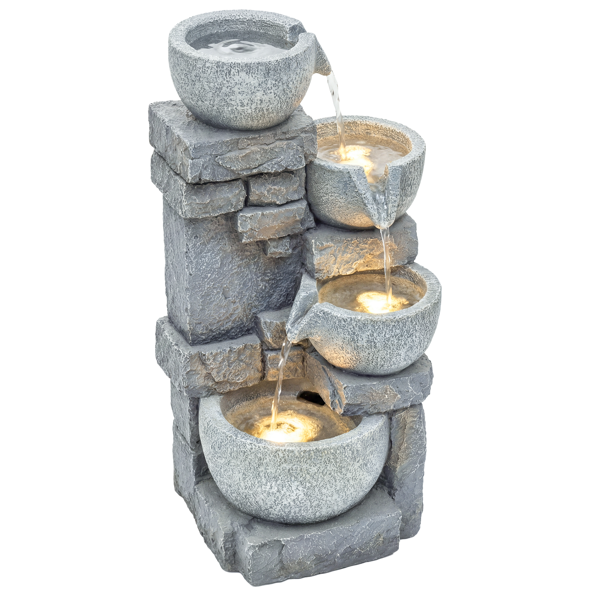 Gartenbrunnen Mit Led-beleuchtung, Pumpe, 4-stufigem Zierwasserfall, Einstellbarer Wassermenge, Grau