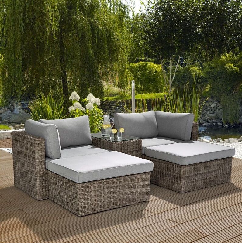 [gebraucht] B-ware Lounge-set Olea 5-teilig Polyrattan Sand Ecklounge Sitzgruppe Sonneninsel Garten