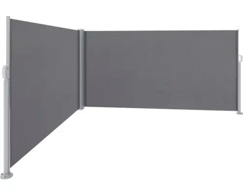 [gebraucht] B-ware Doppel Seitenmarkise Rollo Sichtschutz Windschutz Stoff Grau Aluminium Pfosten