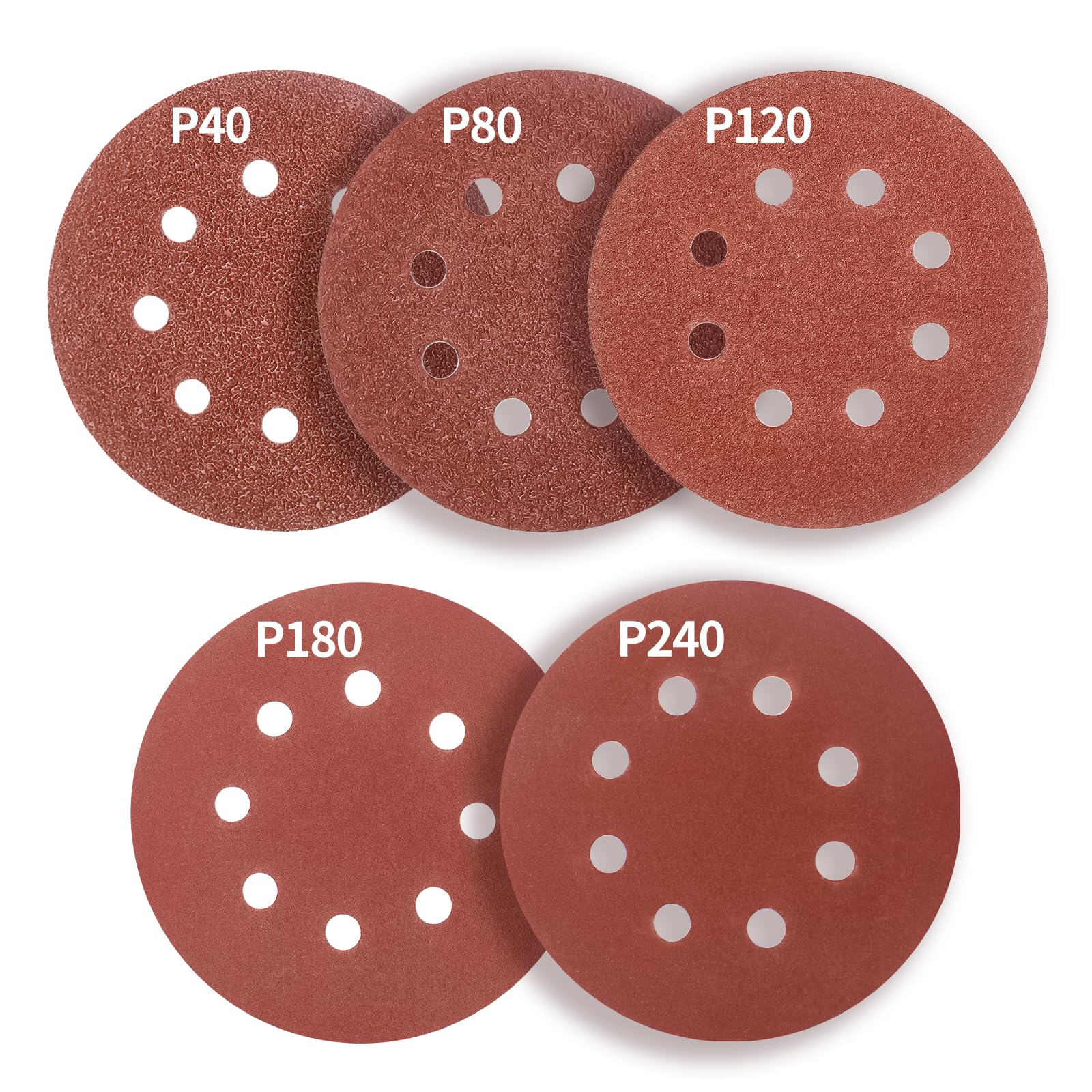 125 Mm Schleifpapier, 8 Löcher, 50 Blatt: Perforiertes Schleifpapier Mit Haken, 125 Mm, Körnungen 40, 80, 120, 180, 240, Zum Schleifen/polieren.