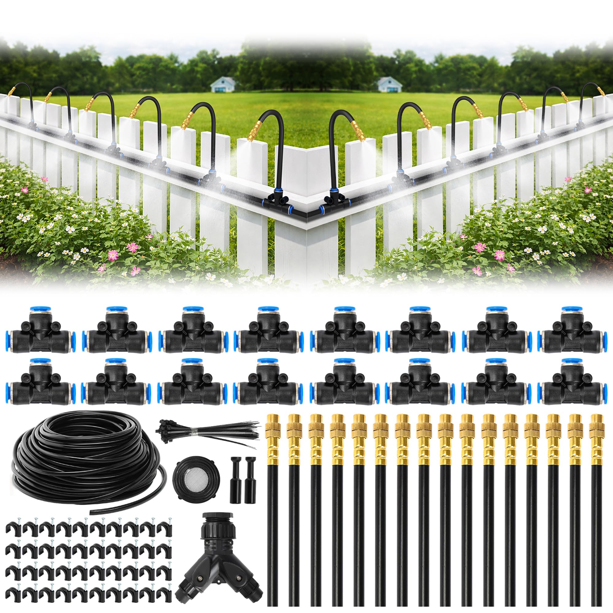 100 Fuß Langes 1/4-zoll-tropfbewässerungssystem, Verbessertes Gartenbewässerungsset Mit 16 Um 360° Verstellbaren Kupferdüsen, Automatisches Nebelbewässerungssystem.