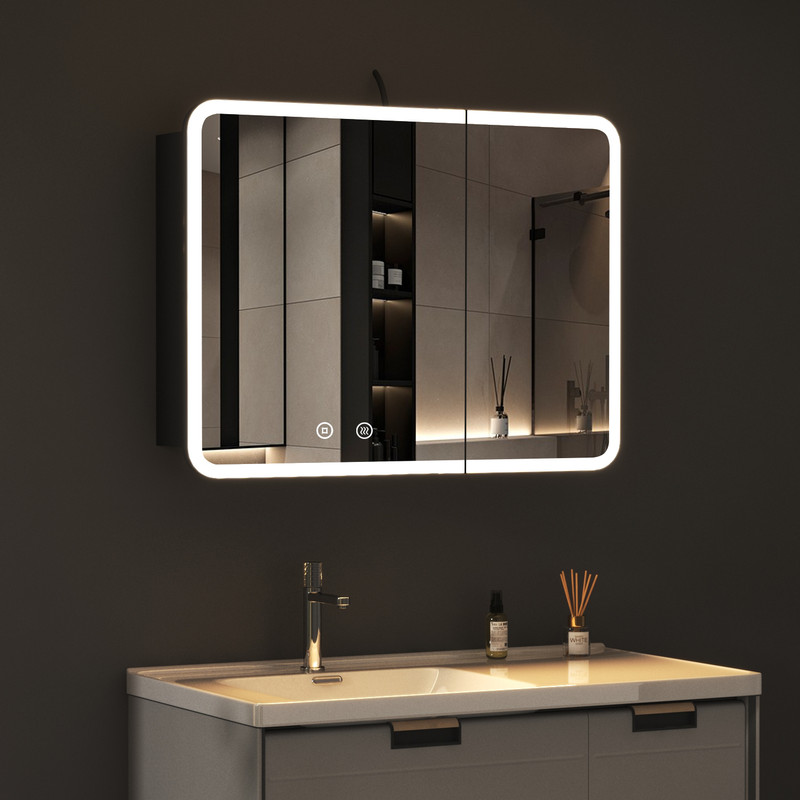 Schwarz Spiegelschrank Bad Mit Beleuchtung 80x60cm Komplett Vormontiert Led Spiegelschrank Mit Beleuchtung Badspiegel Schwarz Badezimmerschrank Hängeschränke Medizin Kabinett Mit 3 Einstellbare Lichtf