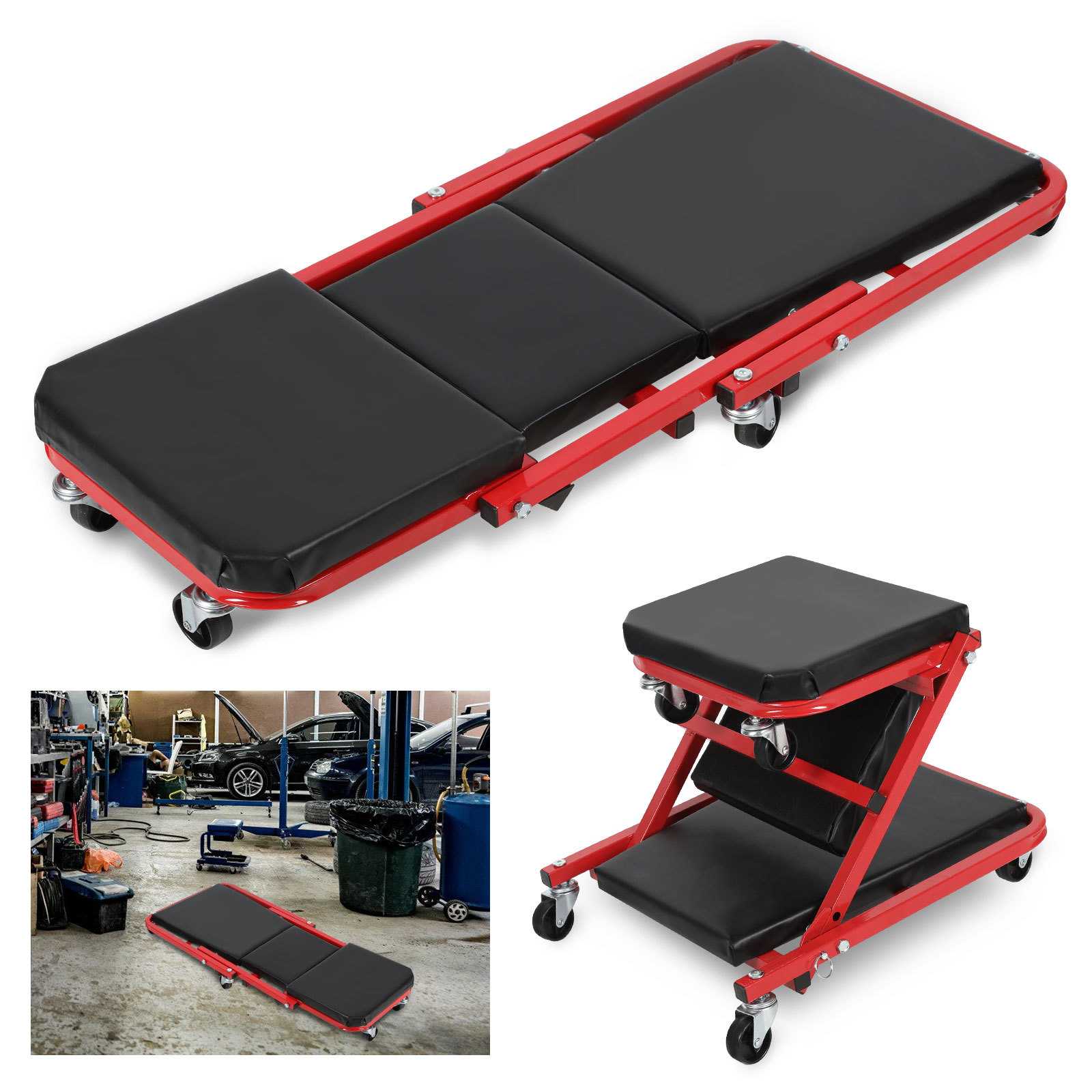 Wolketon 2-in-1 Werkstatt Rollbrett 36 Zoll, Werkstattliege Und Klappsitz, 6 X 360° Lenkrollen, 150 Kg, Stahl, Schwarz-rot