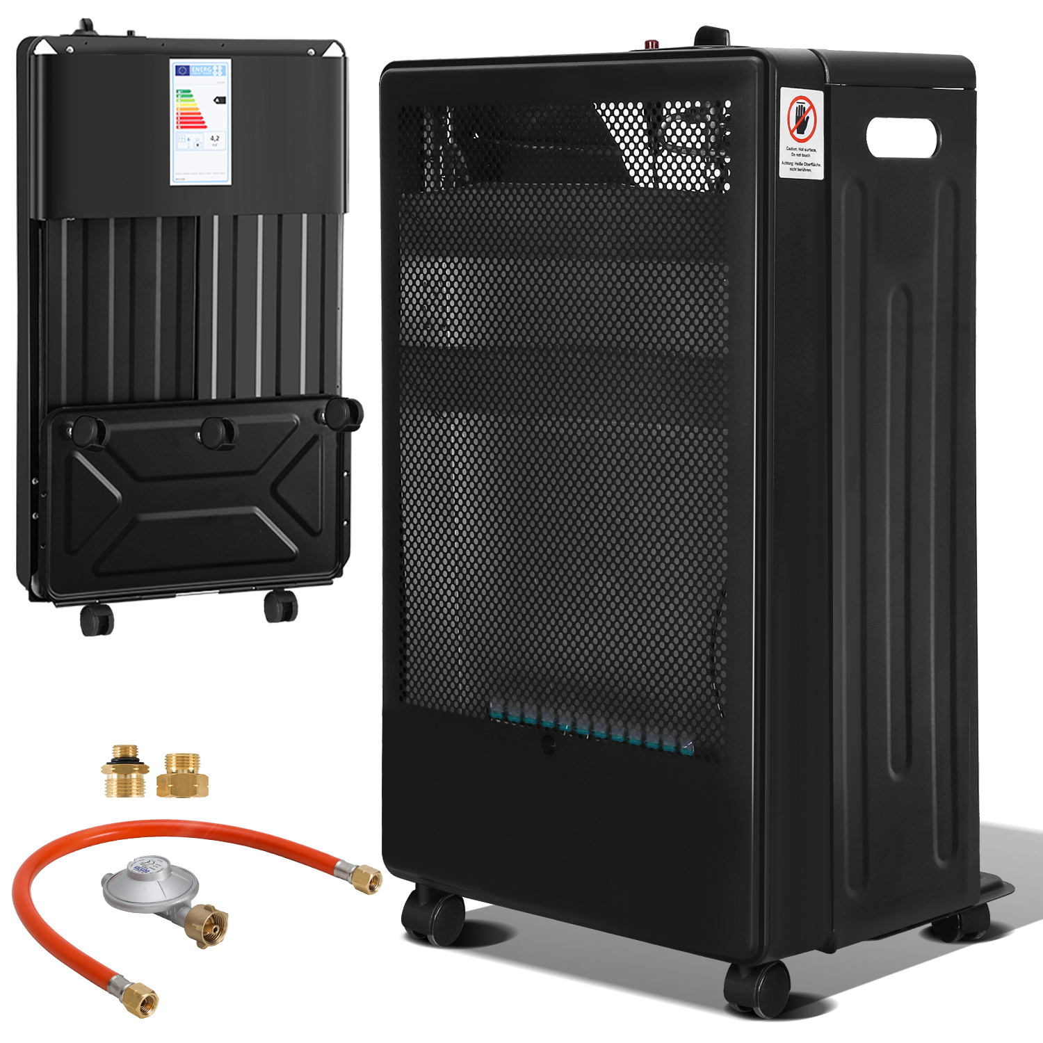 Wolketon Blue Flame Gasheizer 3800w, 2 Heizstufen, Ods, Piezozündung, 5 Rollen, Inkl. 2 Eu-adaptern
