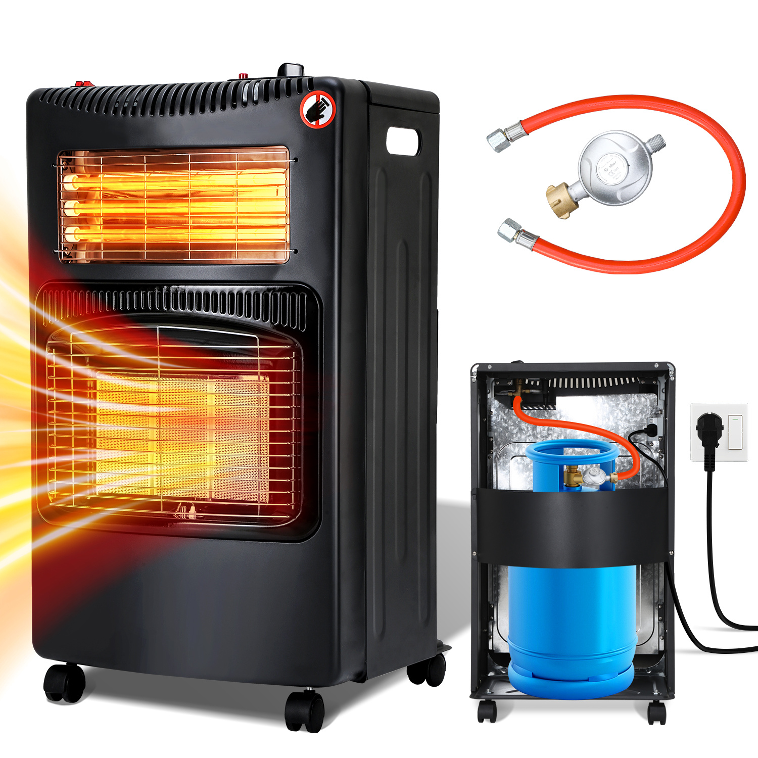 Wolketon Hybrid Gasheizer Mit Quarzheizung, Gas 4,2 Kw + Elektro 1,2 Kw, Faltbar, 5 Rollen, Inkl. 2 Eu-adaptern