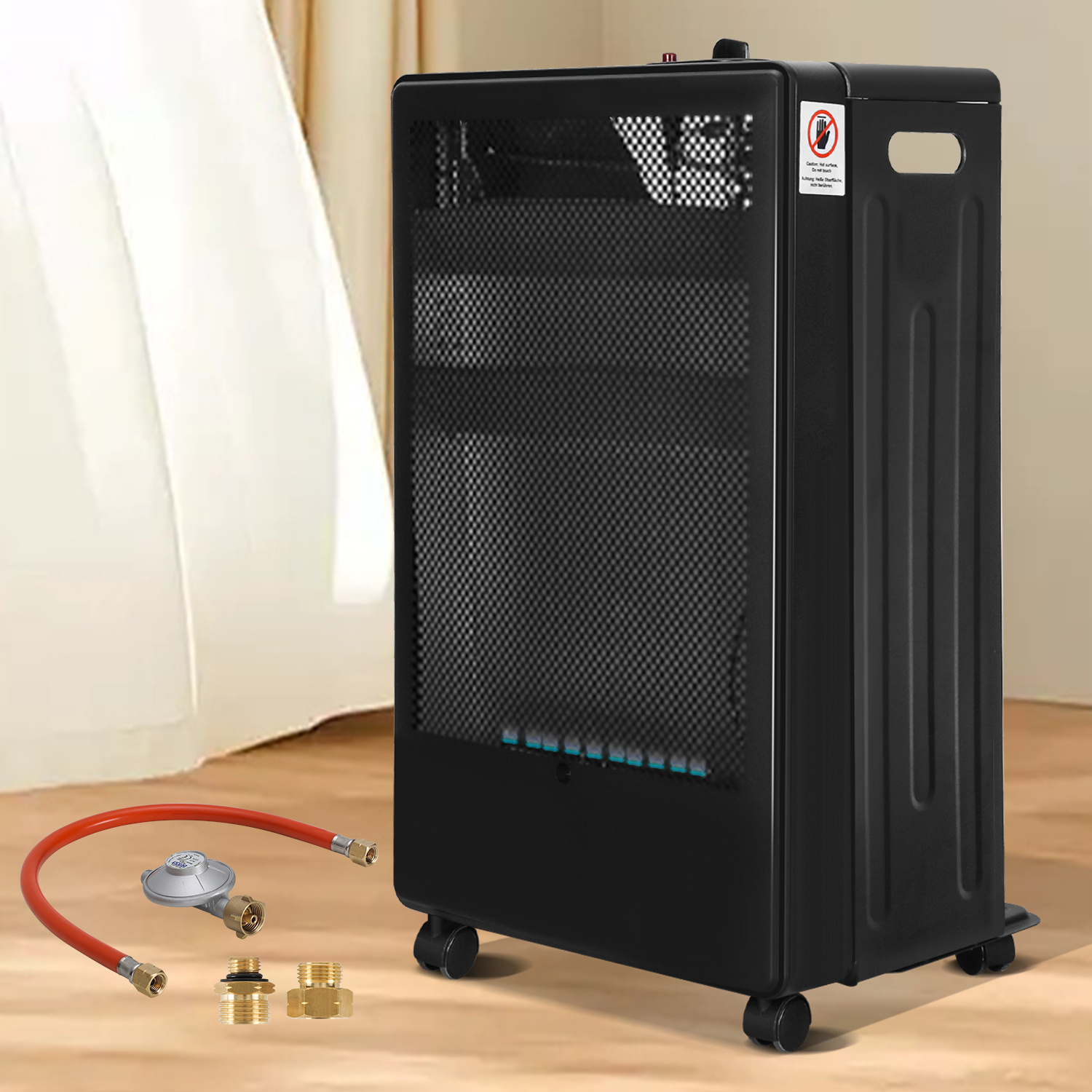Wolketon Mobile Gasheizung Blue Flame, 2200 W/3800 W, Druckregler & Schlauch, 5 Lenkrollen, Inkl. 2 Eu-adaptern