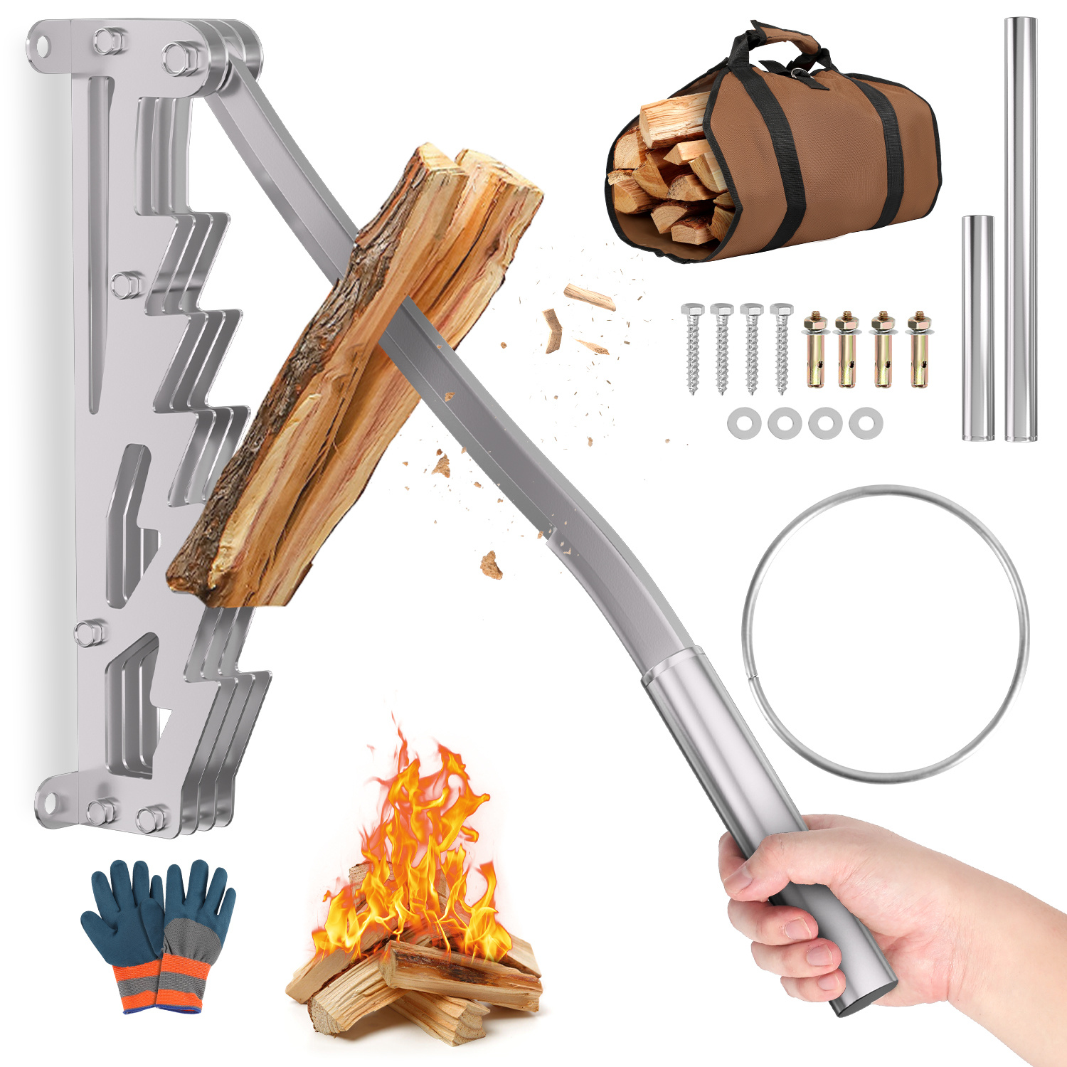 Wolketon Manueller Holzspalter Für Kaminholz Mit Abnehmbarem Verlängerungsgriff Und Zubehör, Wandmontage, Silber