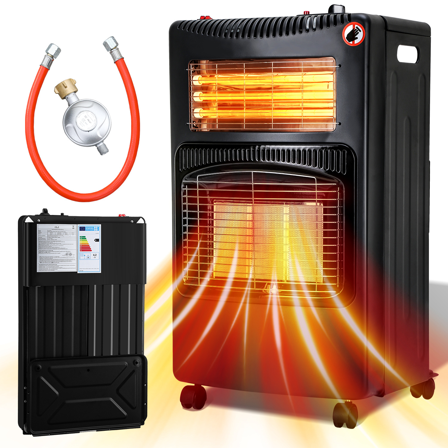 Wolketon 2-in-1 Gas- & Elektroheizung 4200w/1200w, Keramik & Quarz, 3 Gasstufen, Ods, 4 Rollen
