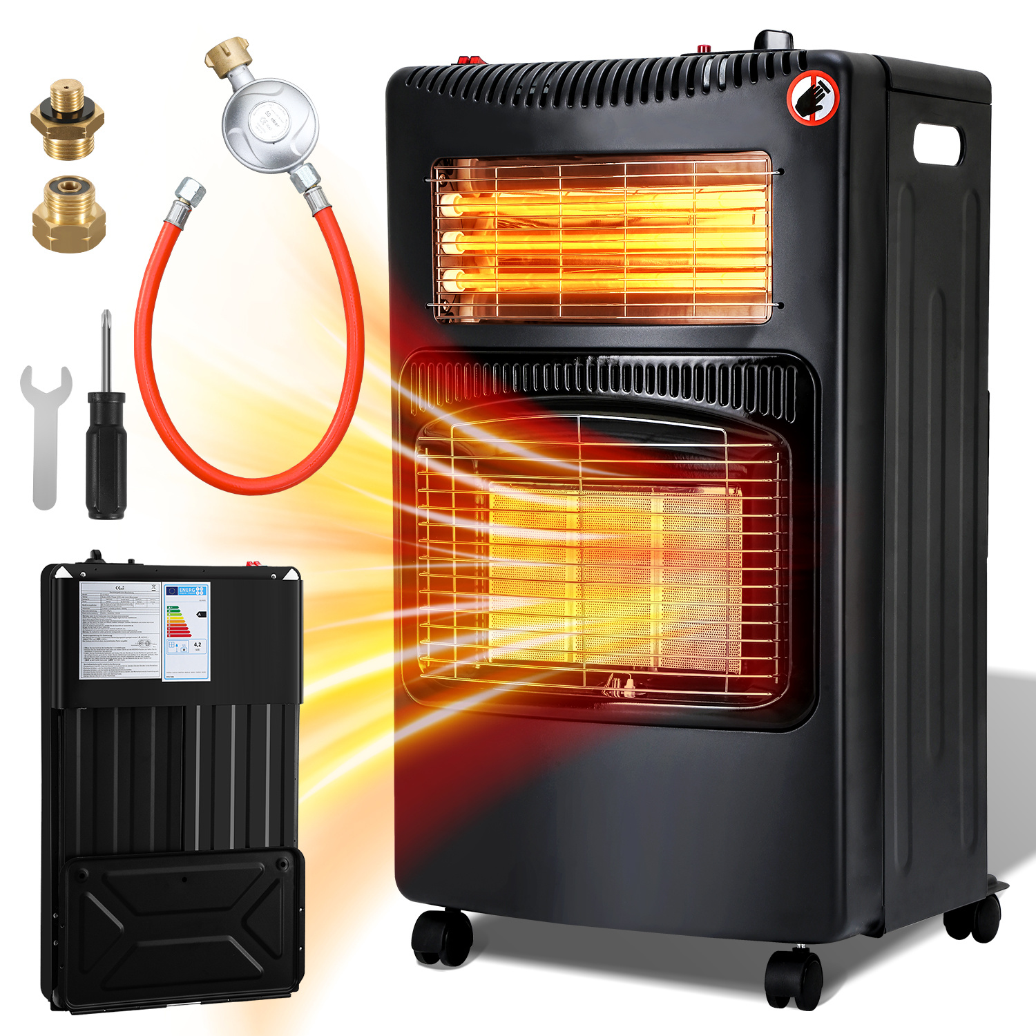 Wolketon 2-in-1 Gas- & Elektroheizung 4200w/1200w, Keramik & Quarz, 3 Gasstufen, Ods, 4 Rollen, Inkl. 2 Eu-adaptern