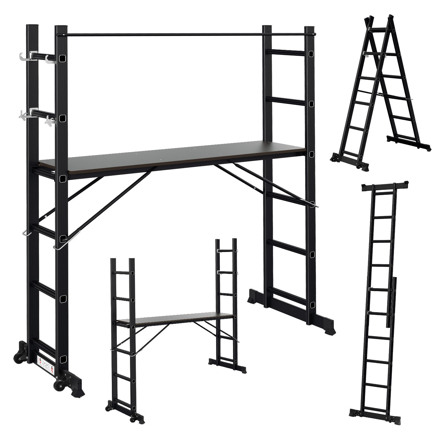 Wolketon Arbeitsgerüst 4-in-1 Aluminium Mehrzwebkleiter 2x6 Stufen Mit Plattform,150 Kg,276 Cm,schwarz