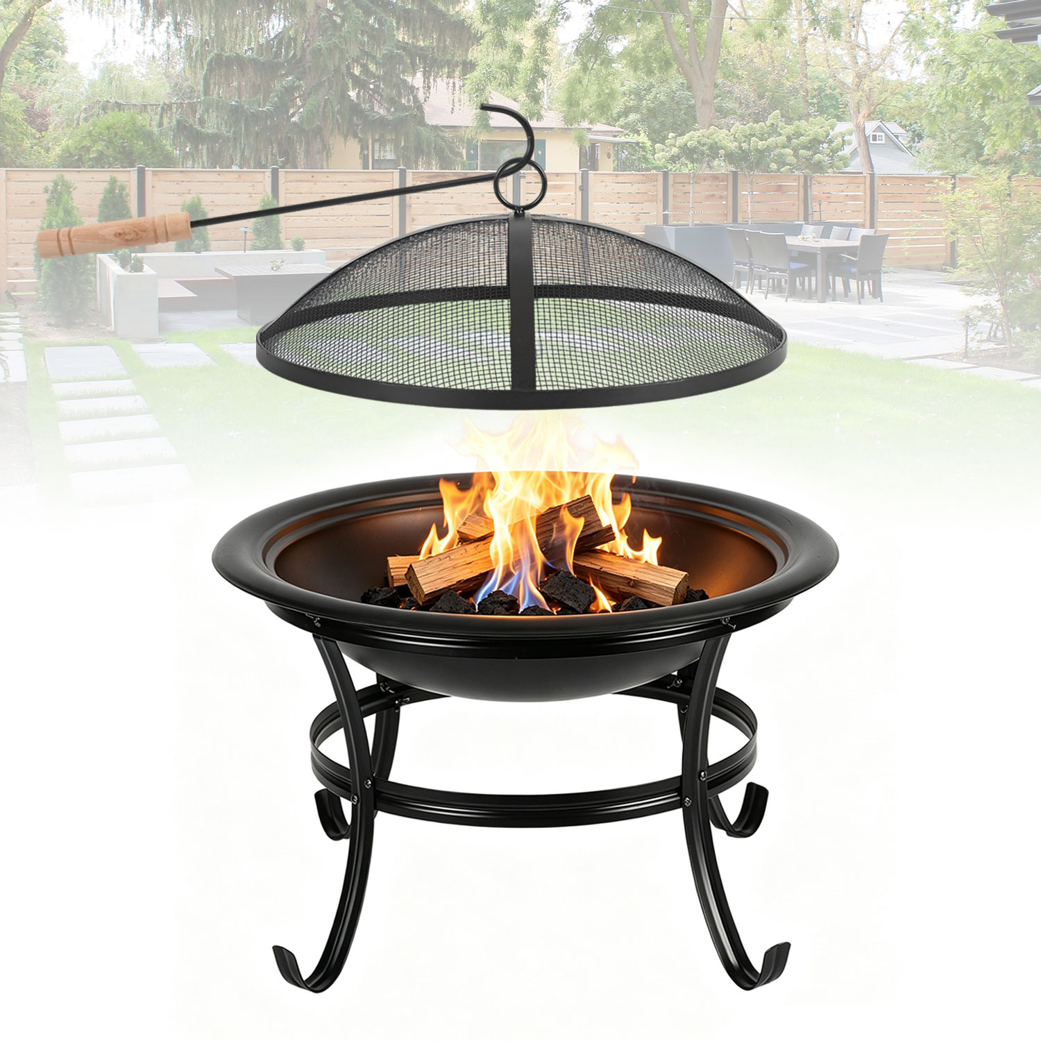 Wolketon Feuerschale Ø 55 Cm Mit Funkenschutz, Grillrost Und Schürhaken, Outdoor Feuerstelle Aus Eisen Für Garten Und Terrasse, Schwarz
