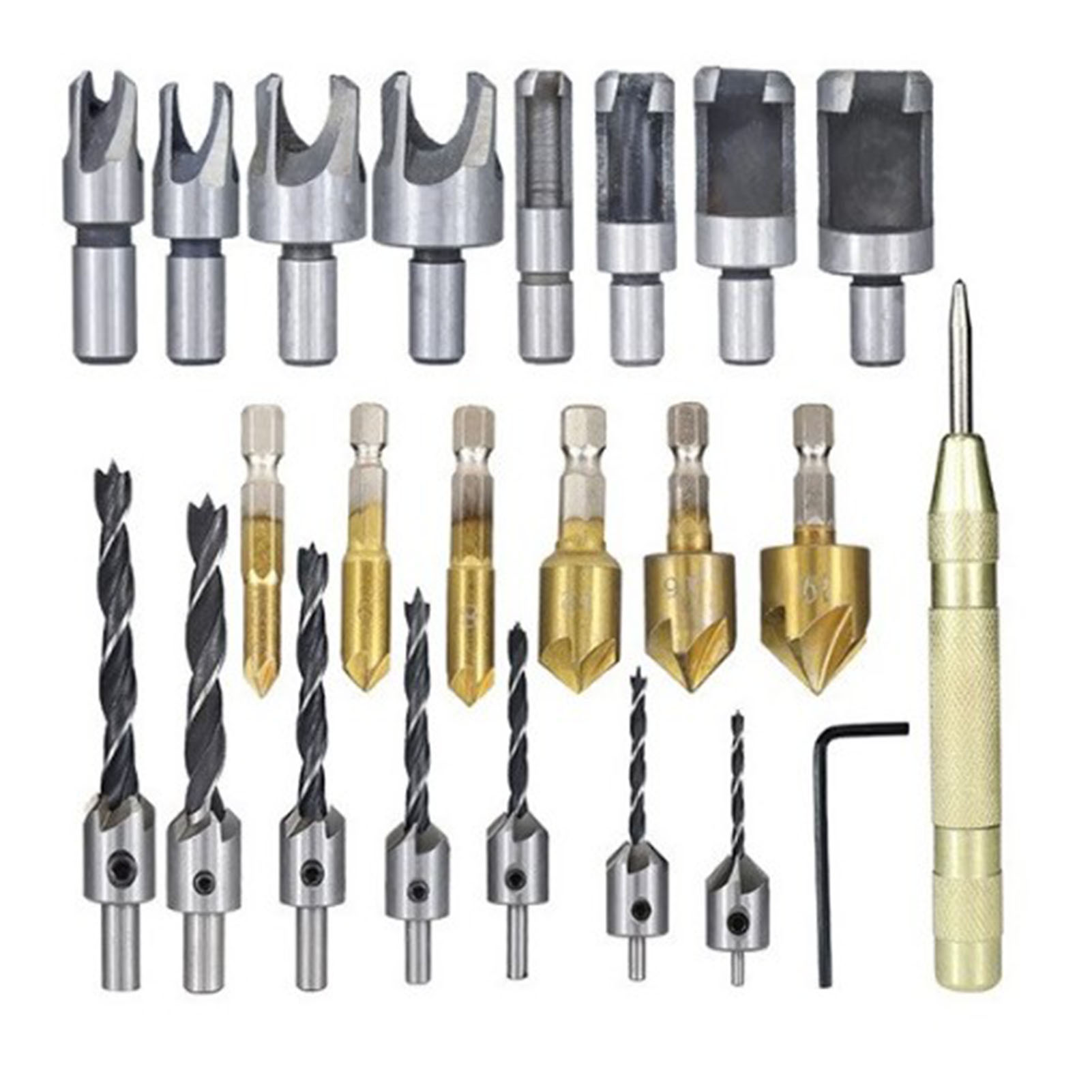 23-teiliges Rundfräser-bohrer-set Aus Edelstahl Und Messing, 1/4 Zoll, 3/8 Zoll Sechskant, Für Die Holzbearbeitung.