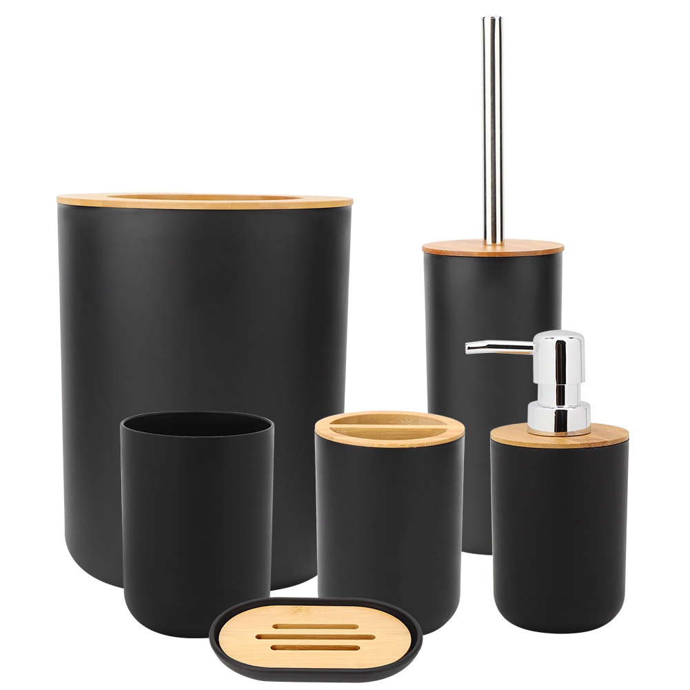 Seifenablage Fürs Badezimmer, Zahnbürstenhalter, Mundspülbecher, Lotionflasche, Zubehör, Schwarzes Set, 6-teilig.