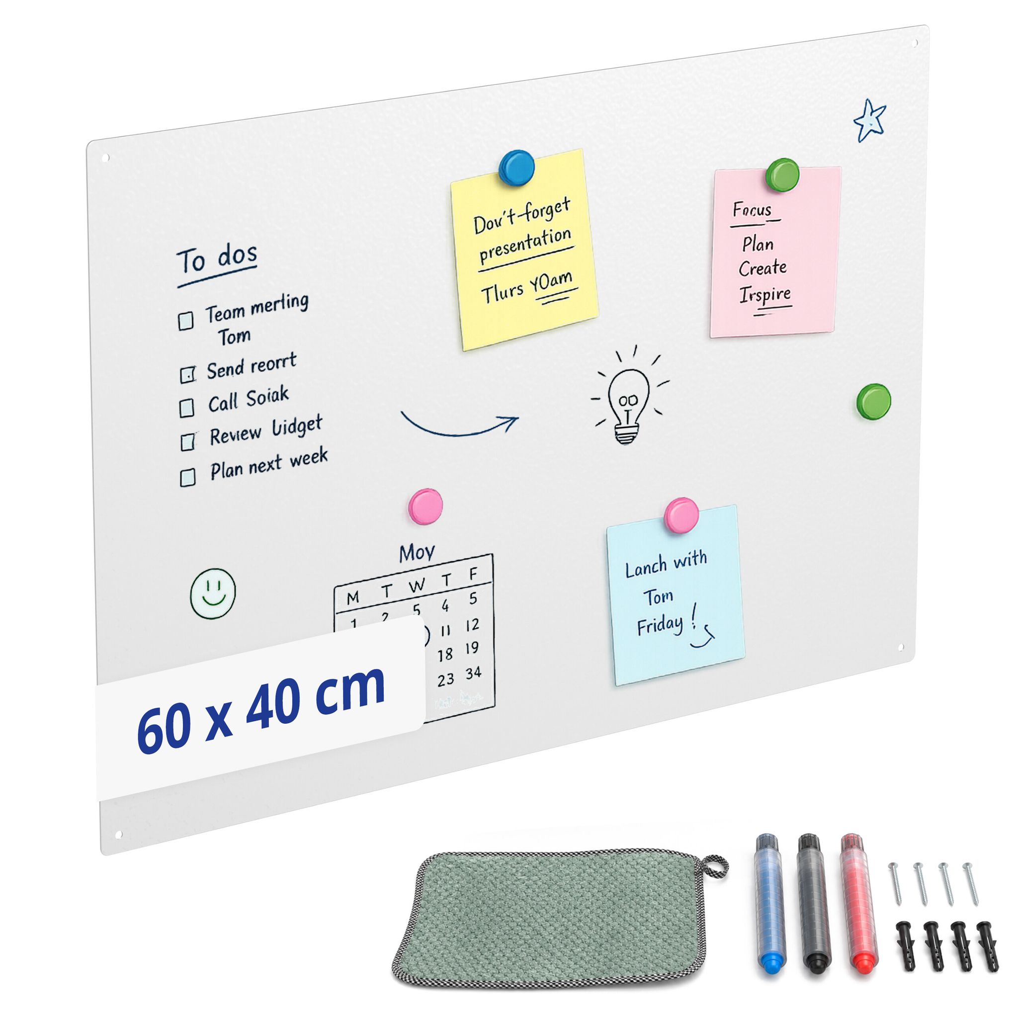Relaxdays Magnettafel, Kreidetafel Beschreibbar, Magnetwand Inkl. 3 Stifte, 60x40, Memoboard Büro, Küche, Stahl, Weiß