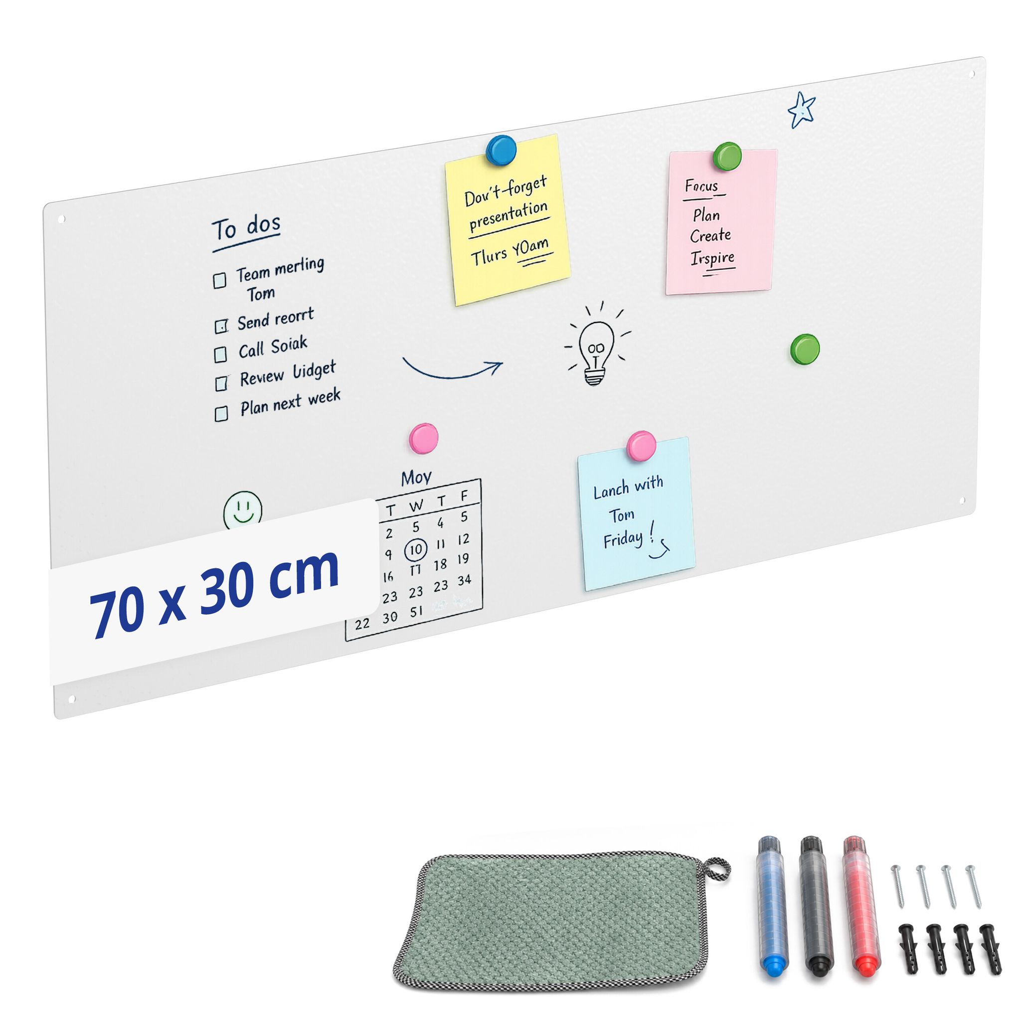 Relaxdays Magnettafel, Kreidetafel Beschreibbar, Magnetwand Inkl. 3 Stifte, 70x30, Memoboard Büro, Küche, Stahl, Weiß