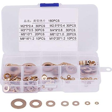 180-teiliges Messing-unterlegscheiben-sortiment Mit Box M2 / M2,5 / M3 / M4 / M5 / M6 / M8 / M10 Metall-unterlegscheiben