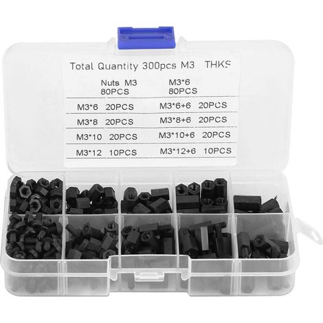 300-teiliges Sortiment An Schwarzen M3-schrauben Und -muttern (außen- Und Innengewinde) Mit Box