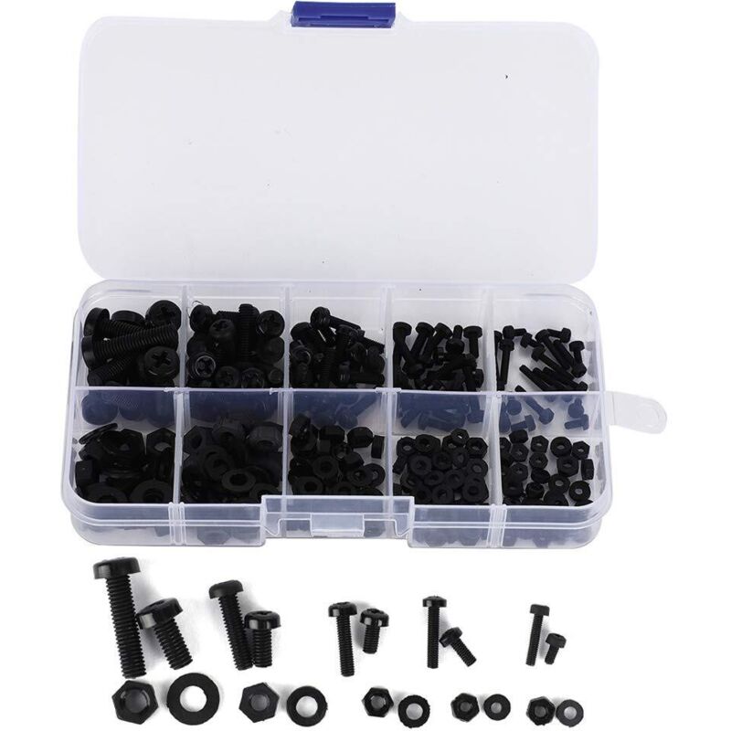 Multifunktionale Befestigungselemente Schwarz/weiß M2 / M2,5 / M3 / M4 / M5 Nylon-schraubensatz, Nylonmutter, Industriell Für Mechanische Anwendungen (schwarzes 270-teiliges Nylon-schraubenset)