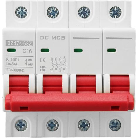 Leitungsschutzschalter, 4-polig, Für Photovoltaikanlagen, 16 A, Din-schienenmontage, 6000 A Segmentierte Nennleistung, 1000 V Dc, Dz47s 63z C16