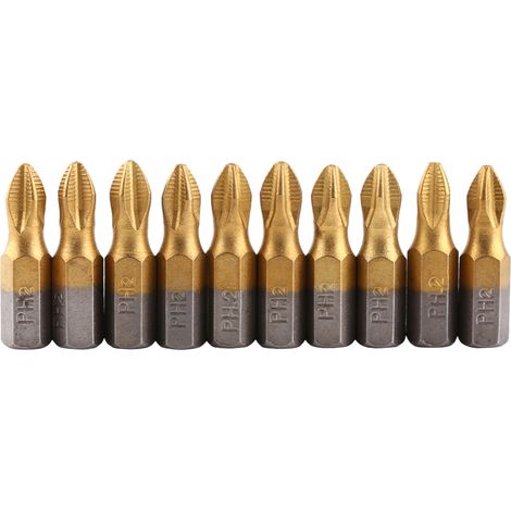 10-teiliges Set Titanbeschichteter 1/4"-sechskant-schraubendreherbits (25 Mm Länge, Ph2, Rutschfest, Magnetisch, S2)