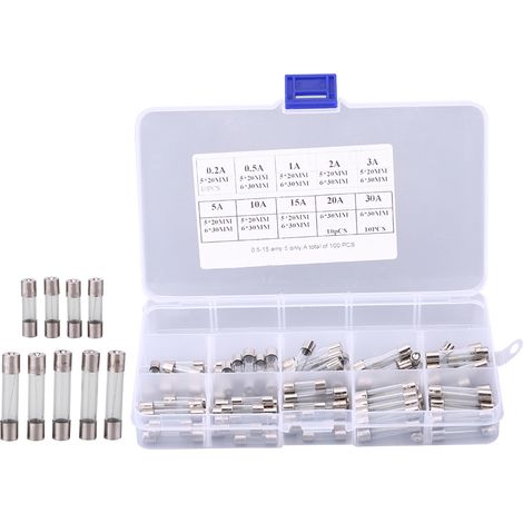 100-teiliges Sortiment An Kfz-glassicherungen (520 Mm, 630 Mm, 0,2 A, 0,5 A, 1 A, 2 A, 3 A, 5 A, 10 A, 15 A, 20 A, 30 A)