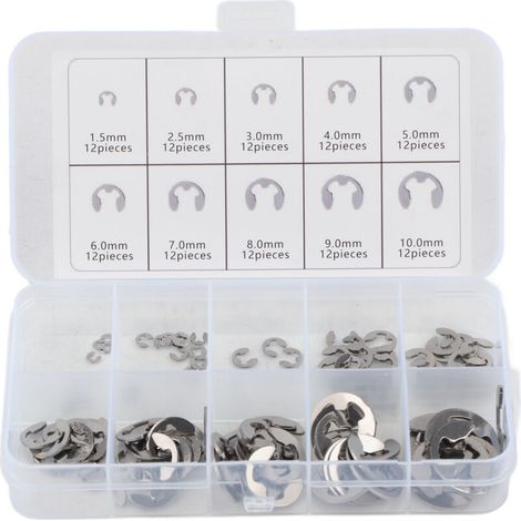 Edelstahl-e-clip-unterlegscheiben-set, 120 Stück, Offener Sicherungsring, Wellensicherungsring M1,5–m10