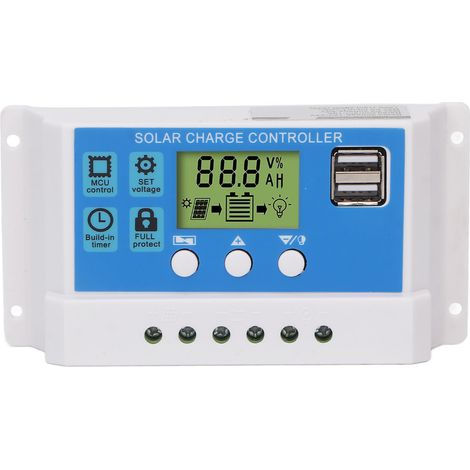 Pwm-solar-laderegler-panel, Intelligenter Regler, Einstellbares Lcd-display, 2 Usb-anschlüsse (12 V/24 V), Weiß, 20 A