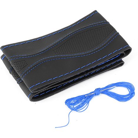 Lederlenkradbezug, 38 Cm/15 Zoll, Handgenäht, Geprägt Mit Universalnadel Und -garn, Schwarz Und Blau