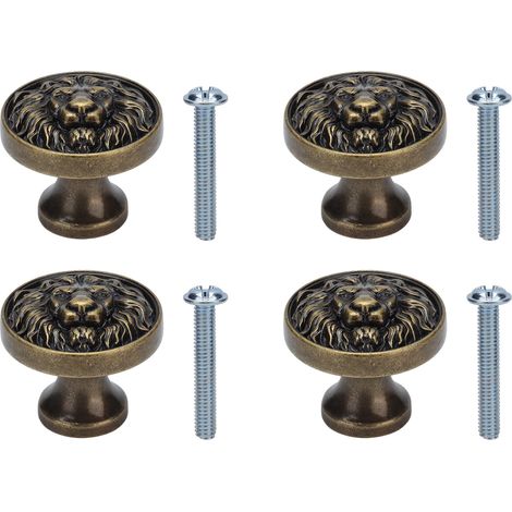 4-teiliges Set Schranktürgriffe Aus Zinklegierung Mit Löwenkopfmotiv, Moderner Antiker Cartoon-stil, Massiver Schubladengriff, Runde Einlochöse, Handbemalt, Bronze 399