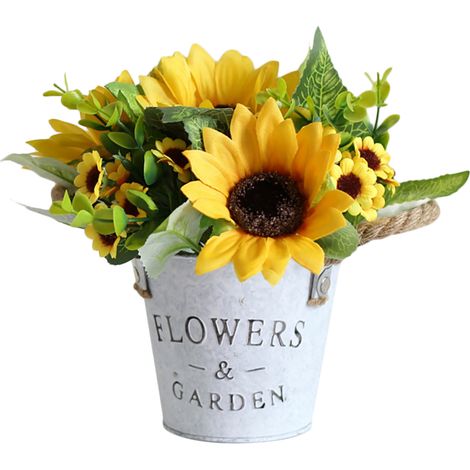 Künstliche Sonnenblume Im Topf, Vintage-sonnenblumen-eimer Aus Rauem Sisalseil (x)